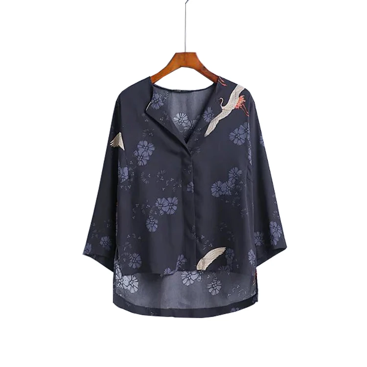 

2019 New Spring Flower Print Women Elegant Chiffon Blouses Boho V-Neck Irregular Hem Women Shirts Femme Blusa Tops For Women