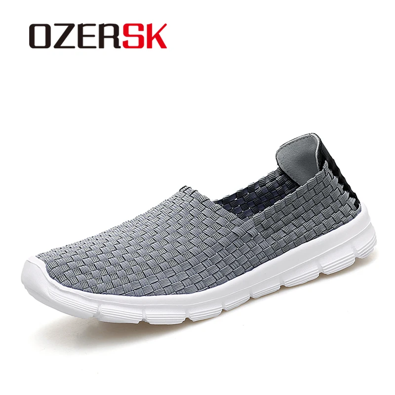 

OZERSK Brand Breathable Casual Shoes Loafers Sneakers Men Flats Woven Comfortable Shoes Slip On Light Shoes Men Big Size 38~45
