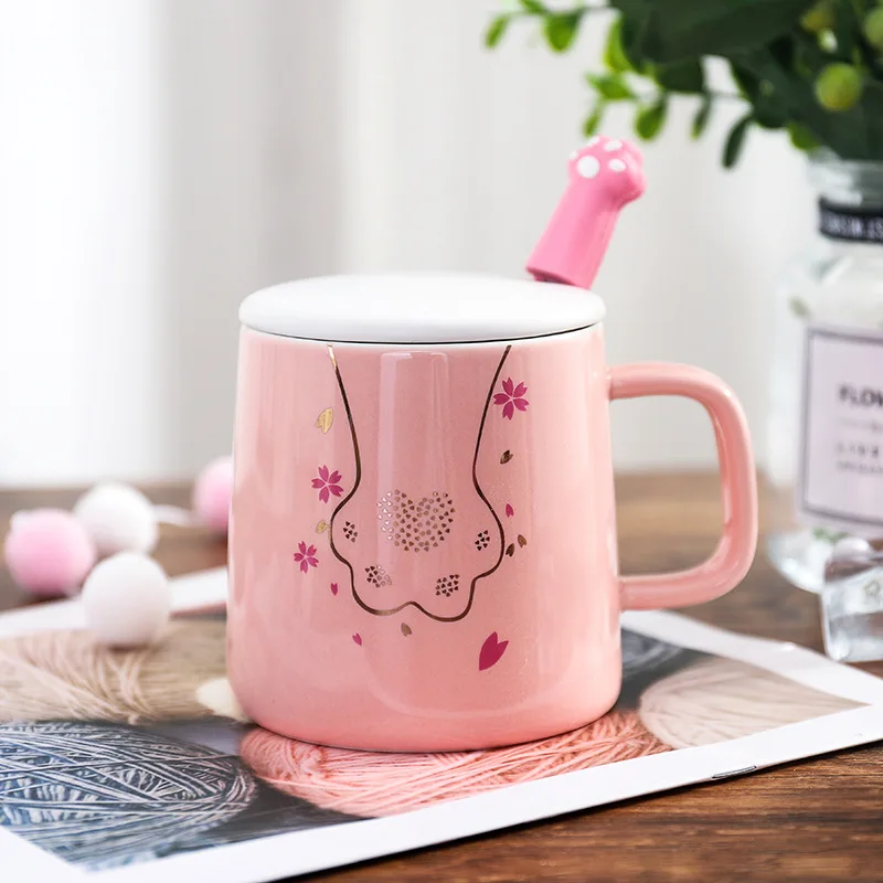 Милая кофейная кружка с когтями кота сакуры с крышкой и 3D кошачья ложка с когтями ручка чашки для чая, молока, напитков подарок для девочек и женщин розовый 360 мл - Цвет: Pink Point Cat Claw
