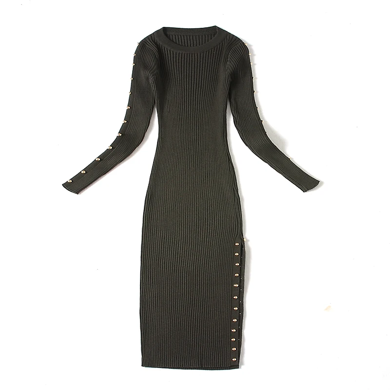 Knited Rivets Side Low Slit Long Sleeve Dress