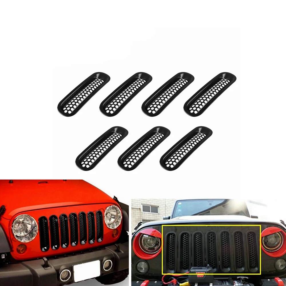 7Pcs Black Silver ABS Mesh Front Grille Trim Cover Car Inserts Racing