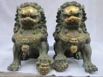 

China Folk Classical Bronze Carved Foo Dogs Guardian Door Lions statue Pair