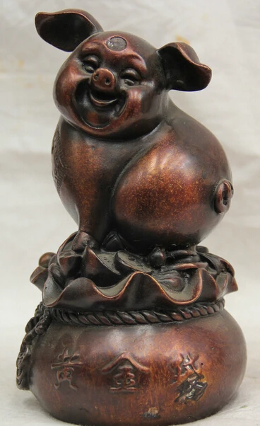 

JP S62 7" Chinese Bronze Folk Zodiac Year Pig wealth money Yuan Bao Statue Feng Shui