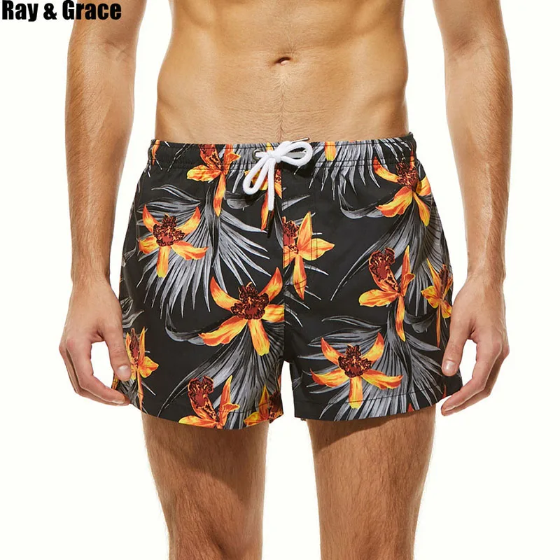 

RAY GRACE Men Print Beach Shorts Quick Drying Board Shorts Mens Breathable Swimwear Bermuda Surf Swimming Short Summer Beachwear