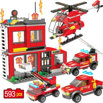 

593PCS City Military Police Series Coastal Fire Car Truck Building Blocks City Fire Station Bricks Kids Toys