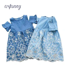 girls cowboy dress AR Фанни модная одежда для девочек летние полые ковбойские платья дети полые натуральный хлопок вышитые раддл рукавом Детская джинсовое платье Children's denim dress