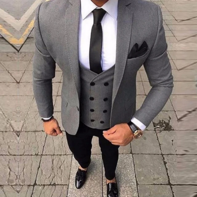 Doble Breasted hombres trajes para la boda por gris chaqueta pantalón negro traje novio la boda para hombre traje hombre 2018 _ - AliExpress Mobile