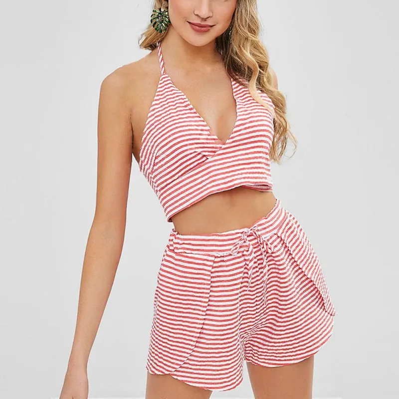 

Women Sexy Sweet Stripes Print Simple High Waist Halter Cross Strap Bandage Split Bikini Set Swimsuit