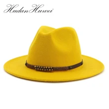 Модные мужские и женские фетровые шляпы с широкими полями из шерсти, джазовые фетровые шляпы в британском стиле, вечерние шляпы в стиле Трилби, черные и желтые шляпы