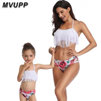 

matching outfits mom daughter swimsuits Tassel mom baby swimwear family look mommy And me clothes Bikini high waist Floral 2019