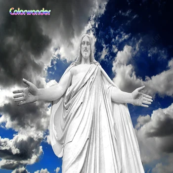 

Photographic Background White Sculpture Christ the Redeemer Natural Scenery Blue Sky with Clouds Backdrops for Photo Booth Prop