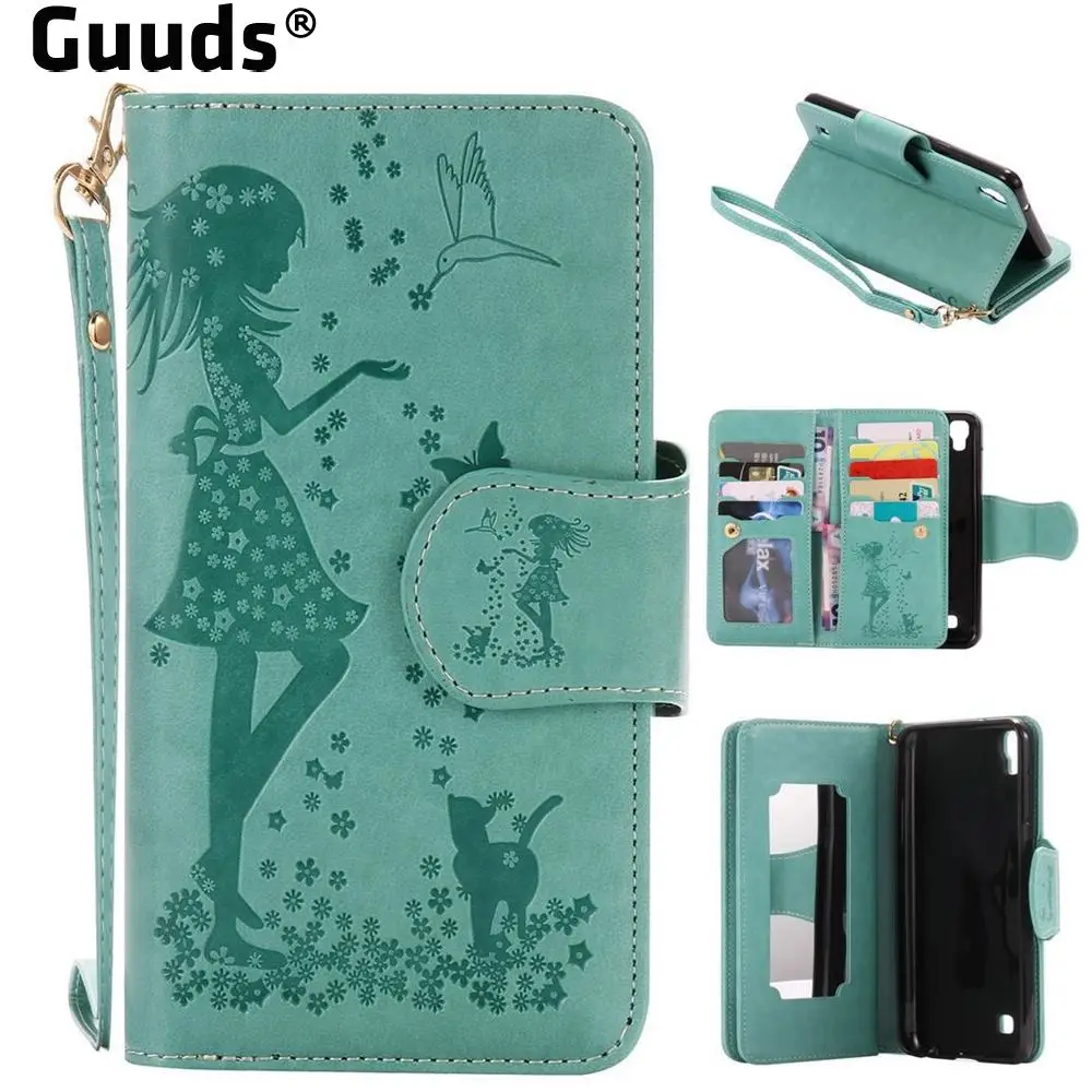 Embossing Cat Girl 9 Card Leather Wallet Case for LG X Power LS755 K220DS K220 US610 K450 - Green