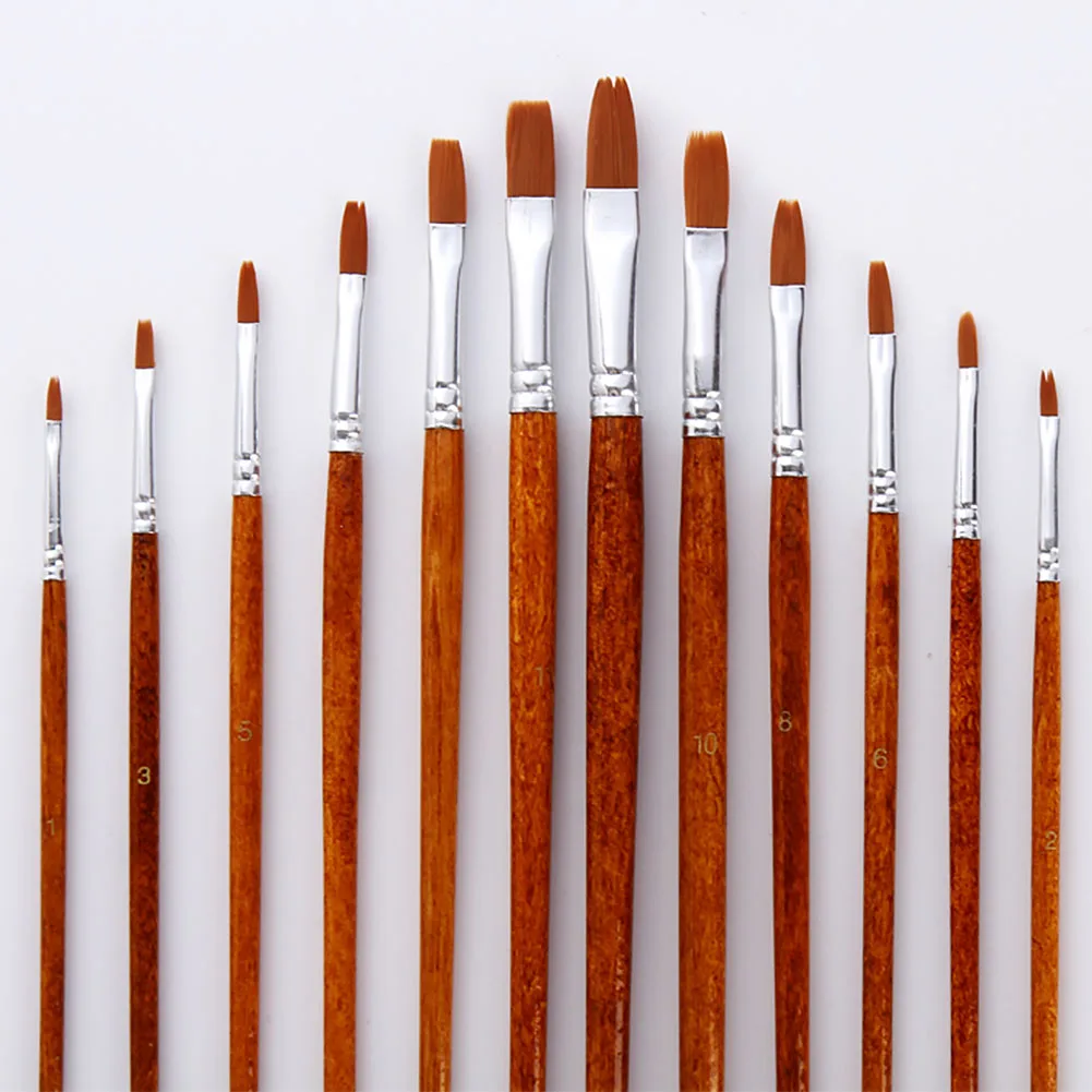 

12pcs Nylon Reusable Paint Brush Drawing Pointed Flat Wood Handles Fine Art Supplies Set Oil Painting Watercolor Acrylic