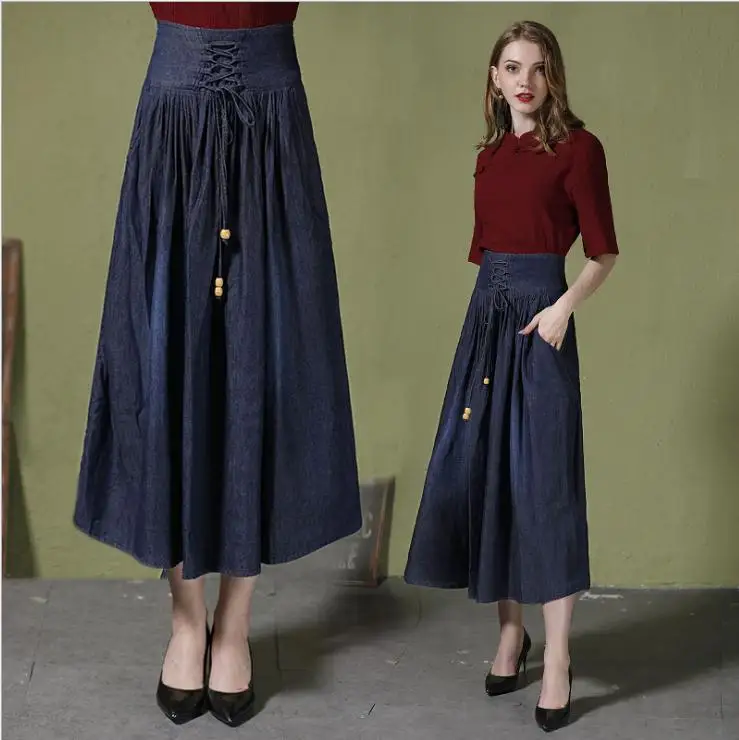 

Spring And Summer High Waist A-Line Maxi Dress For Women Straps Bandage Lace-Up Elelgant Long Jeans Skirt Large Size Saias J2775