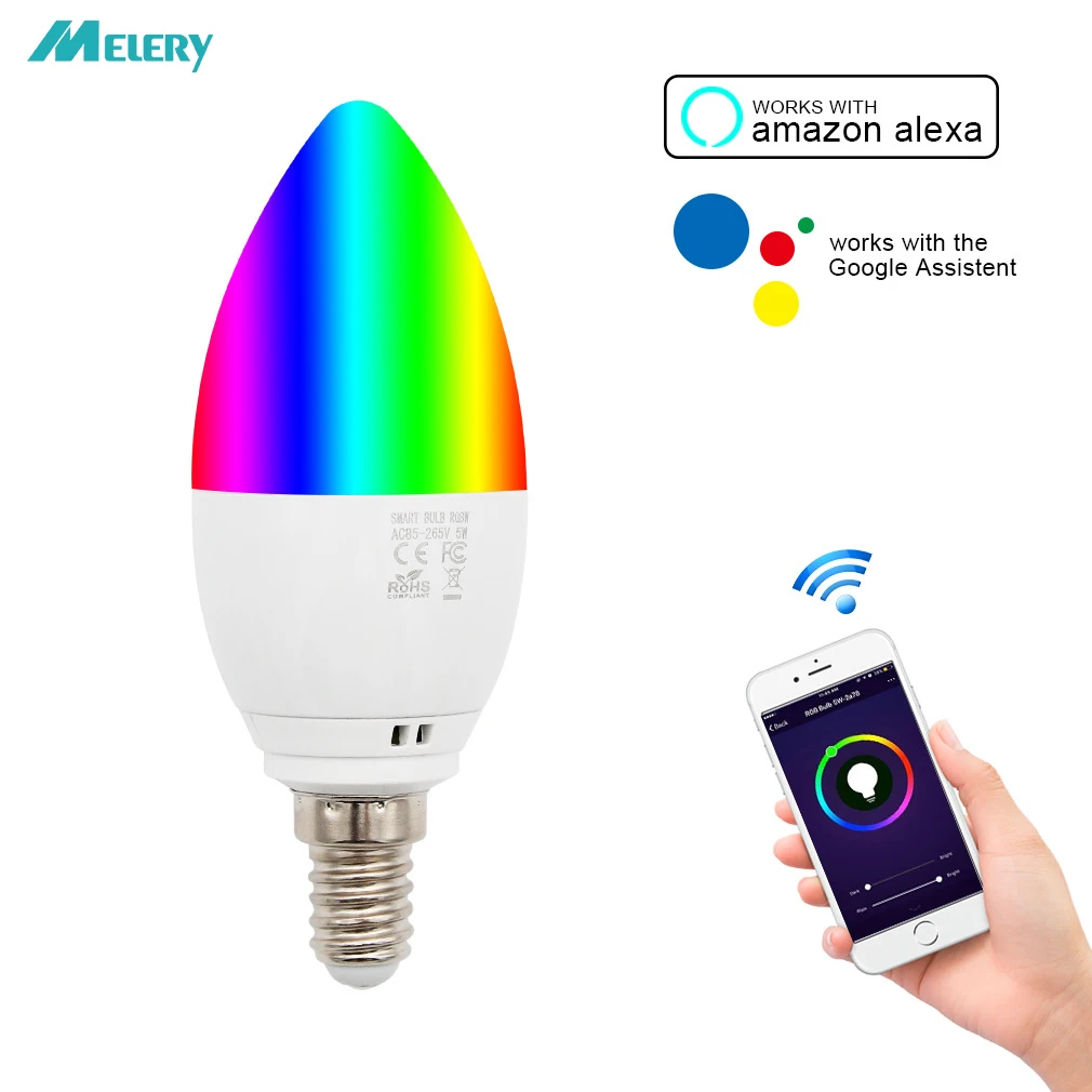 

WiFi LED Candle Bulbs E14 5W Equal 40W LED Bulb RGB+Warm White Colour Changing Mood Light Homekit Works with Alexa Google Home
