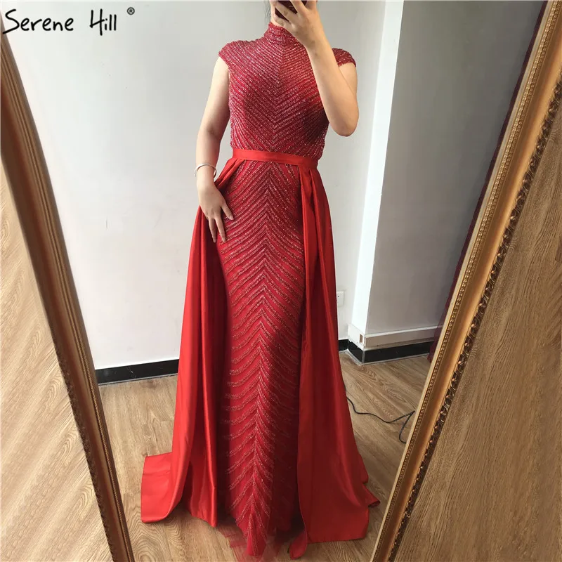 Новейший дизайн, красные платья с высокой горловиной для выпускного вечера,, Дубай, без рукавов, бисероплетение, Роскошные платья для выпускного вечера, Serene Хилл, BLA60866