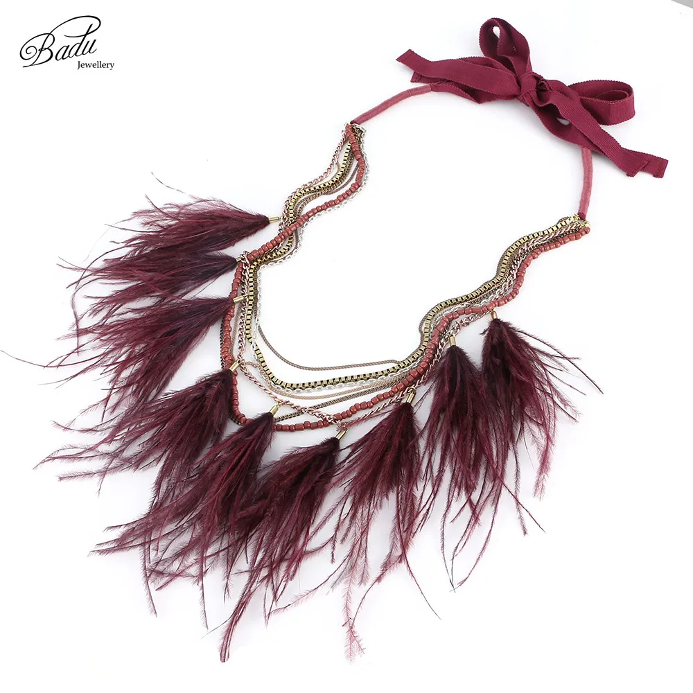 Длинное ожерелье Badu Ribbon винтажное многослойное на шнурках с перьями страуса