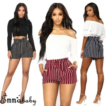

New 2019 Summer Womens Striped Shorts Sexy Waist Band Shorts Casual Beach High Waist Mini Trousers Ladies Short Trousers