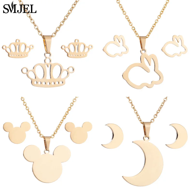 

SMJEL Lovely Mouse Mickey Necklaces for Women Kids Gold Color Rabbit Moon Tiara Crown Charm Necklace Wedding Jewelry Wholesale