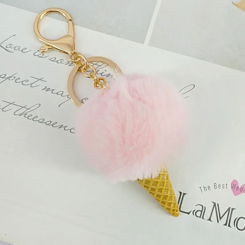 Rabbit Fur Puff Keychains - 15 Colors to Choose From! Cute and Fun Ice Cream Ball Design for Kids Girls - Gold-colored Keychains Ideal for Car and Bag Use. image 4