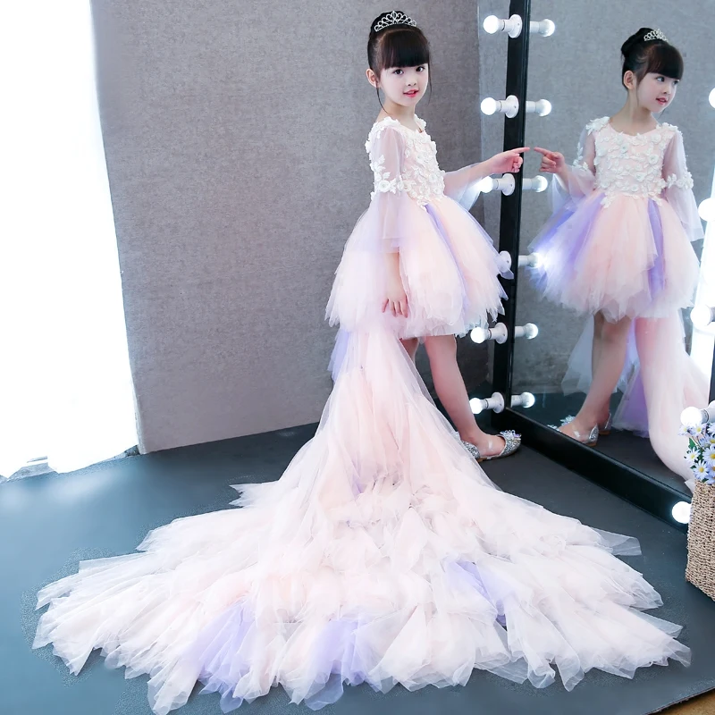 

2019 European American Luxury Children Girls Princess Flowers Dress With Big Long Trailing Kids Luxury Birthday Wedding Dresses