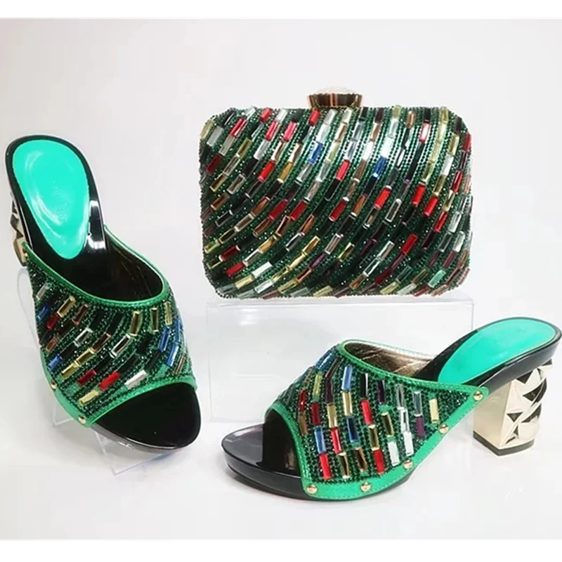 

New Arrival Green Color Matching Women Shoes and Bag Set Decorated with Rhinestone Nigerian Women Shoes and Bag Set for Parties