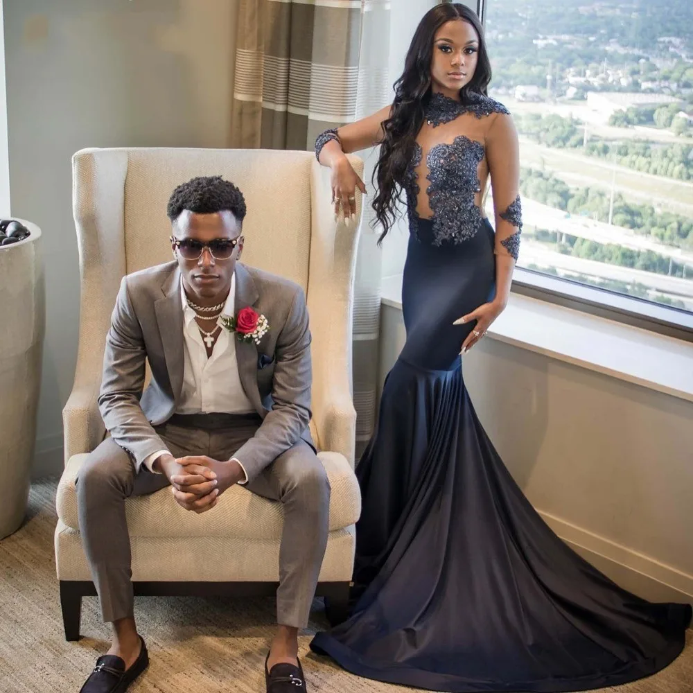 

Vestidos Mermaid Navy Blue Prom Dresses Long 2019 Long Sleeves Appliqued Reflective Dress Prom Party Gown Formal Evening Dress