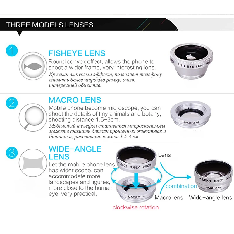 3 в 1 Широкоугольный макро объектив "рыбий глаз" Камера Наборы мобильный телефон рыбий глазные линзы с зажимом 0.67x для iPhone samsung все сотовые телефоны