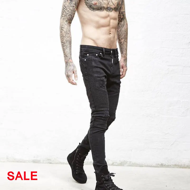 

2017 Mens Skinny Biker Jeans Men Hi-Street Ripped Rider Denim Jeans Motorcycle Runway Slim Washed Moto Denim Pants Joggers
