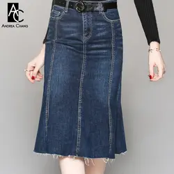 Осенне-зимняя женская юбка черная темно-синяя джинсовая юбка с карманами черный пояс УЕ модная повседневная телячья длина джинсовая
