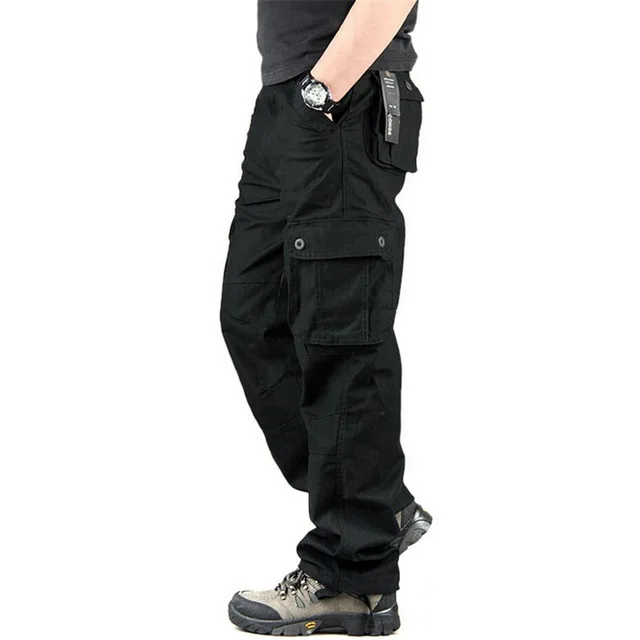 Для мужчин; стиль милитари брюки карго мужские хлопковые свободные штаны с несколькими карманами Pantalon Hombre спортивные брюки прямые брюки - Цвет: Black