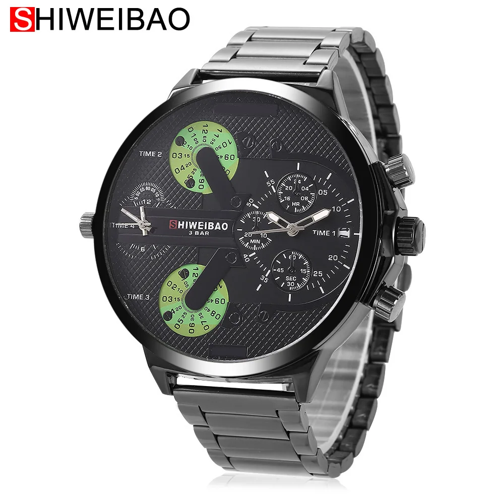 

Men Luxury Big Watch Quartz Sport Military Mens Watches 7315 Black Steel Watchband Clock Man 2 Time Zones DZ Relogio Masculino