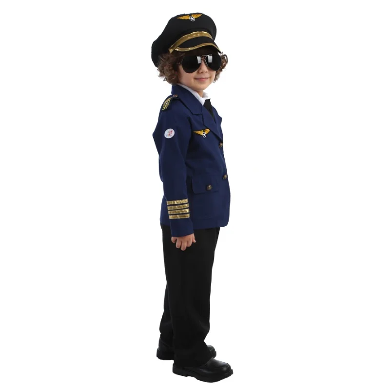 Детский костюм полицейского на день рождения, маскарадный костюм для мальчиков, новогодние, вечерние, ролевые игры, одежда пилота, Темно-Синяя Униформа полицейского с шапкой