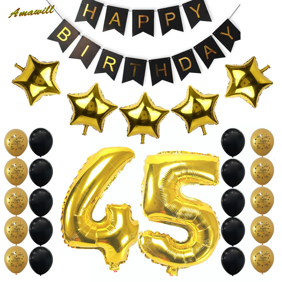 

Amawill 45 Years Old Birthday Party Decorations Adult for Black Happy Birthday Banner Star Foil Balloons 12inch Latex Balloon 7D