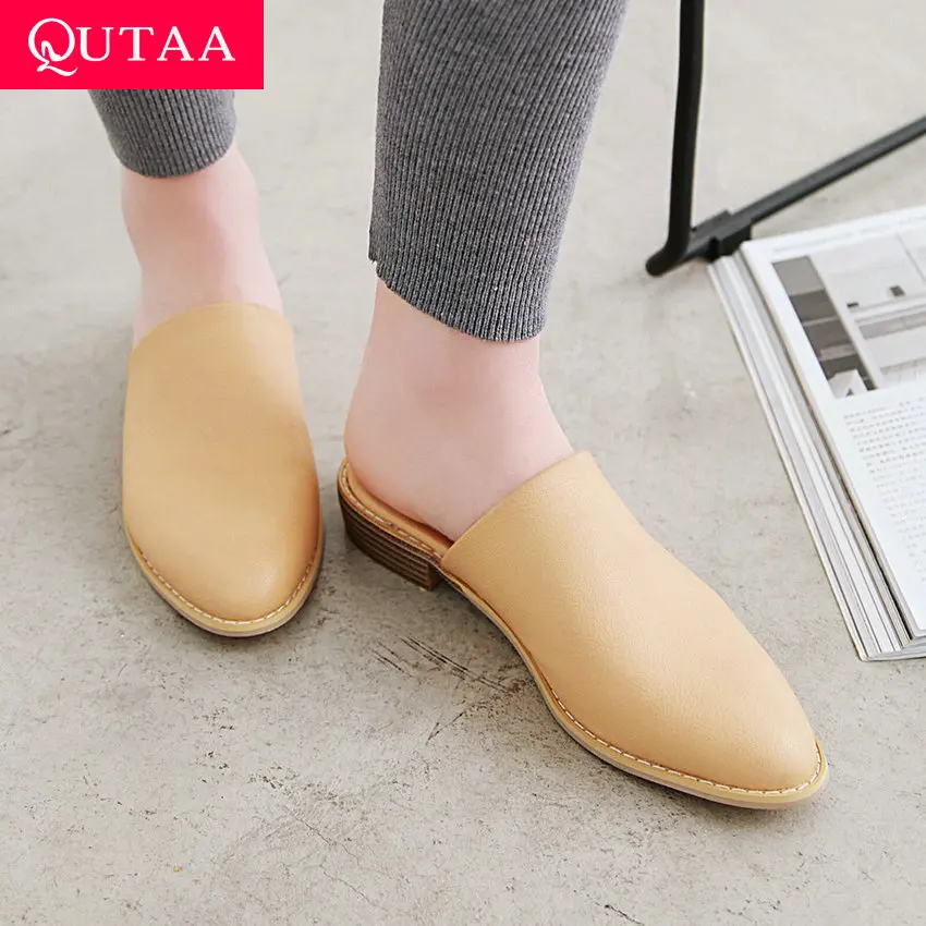 

QUTAA 2019 Women Mules Pumps Square Low Heel Slingback PU Leather Pointed Toe Slip On Slippers Summer Comfortable Size34-43