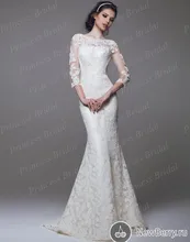 Bride Dress 2015 New Fashion Mermaid Bateau Neck Sweep Train Sexy Backless Lace Wedding Gown With