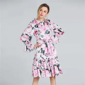 

Women Dress 2019 High Quality Spring Summer Designer Runway Ruffled Flare Sleeve Floweral Printed Sashes Dresses NP0084
