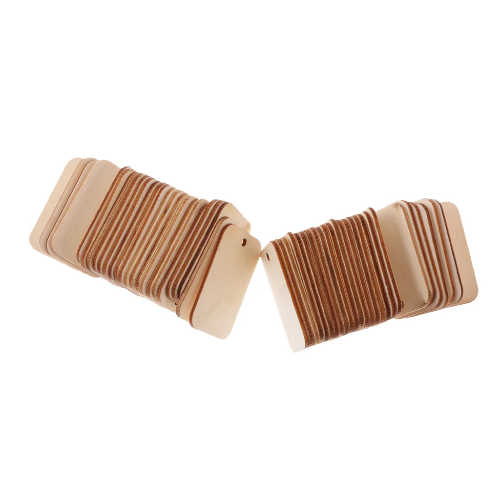 50 Pieces Wooden Rectangle Craft Shape Tag Embellishment for Craft with Rope Unfinished Wood Cutout Chips for Pieces Arts
