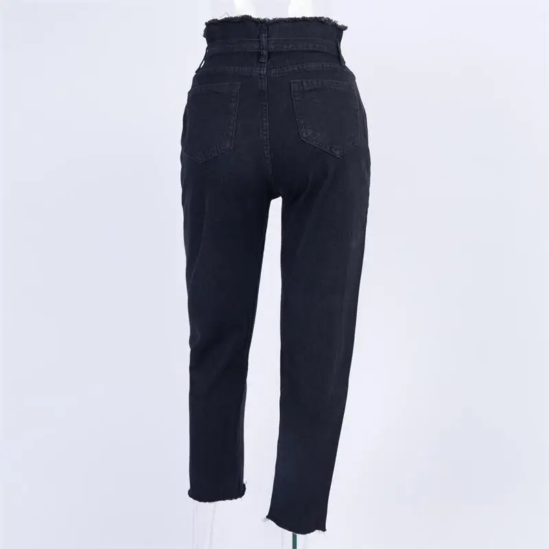 InstaHot прямые женские джинсы на молнии с завязками Свободные повседневные ковбойские длинные штаны с высокой талией Джинсовая уличная одежда - Цвет: black jeans