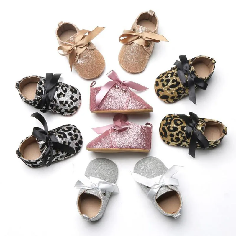 

Princess Girl Bling Walker Leopard Baby Shoes Bow knot Lace Up Mary Jane Crib Bebe Sweet Ballet Dress First Walkers For Toddler