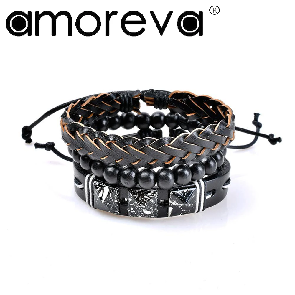 3 Pcs/set Wrap Leather Design Multi Layer Braided Bracelets Bangle