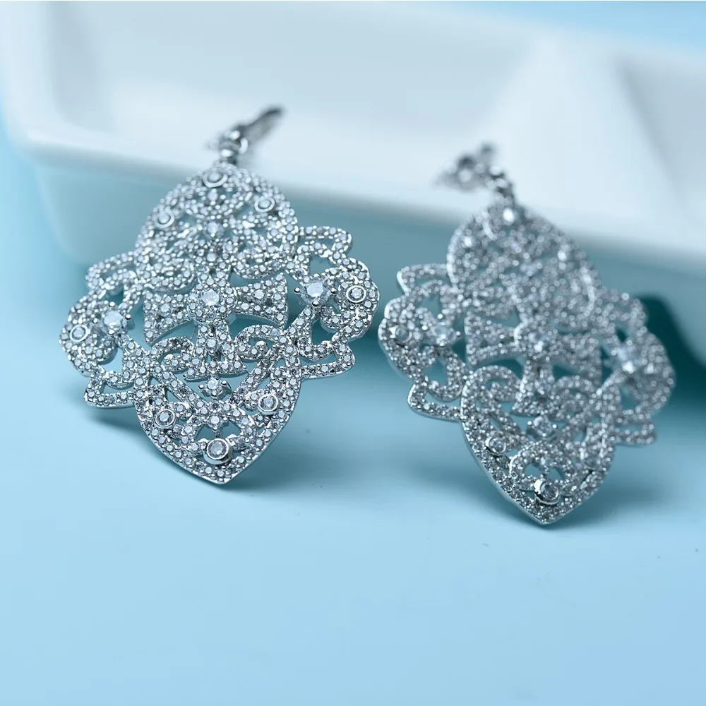 LUOTEEMI New Korea Style Big Brincos White Gold Color Elegant Jewelry Full Cubic Zircon Sparkling Drop Earring Double Flowers