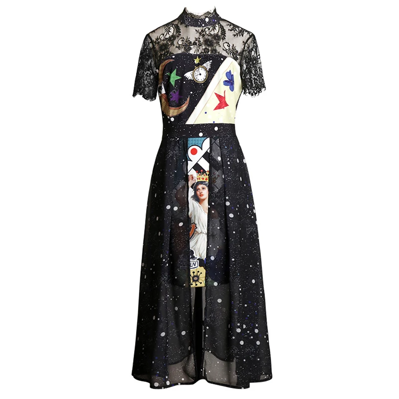 Tal vez U negro gasa encaje Patchwork estampado cuello alto cremallera