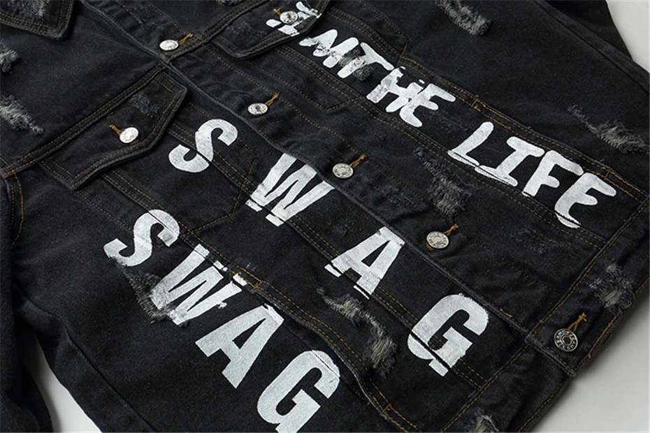 Hip Hop Denim Jackets Men Harajuku Letter Print Jeans Jacket Coat Mens Hole Destroyed Jeans Jackets Streetwear Black WG352