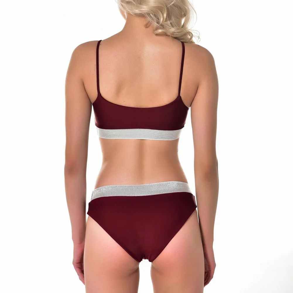 

Newly Women Summer Solid Bikini Crop Top with Pants Backless Middle Waist Bathing Suit BN99