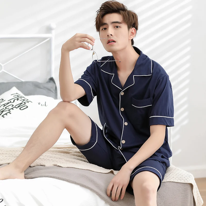 2018 New Men Pajamas Sets Summer Soft Cotton Sleepwear Fashion Homewear