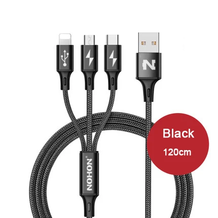 NOHON 3 в 1 8Pin type C Micro нейлоновый USB кабель для iPhone 8X7 6 6S Plus iOS 10 9 8 samsung Nokia USB кабели для быстрой зарядки шнур - Цвет: 3-IN-1 Black