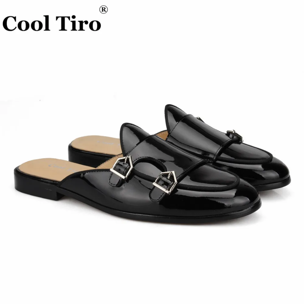 Cool Tiro/туфли без задника с двойным моном; мужские шлепанцы; мокасины; Цвет Черный; лакированная кожа; свадебные модельные туфли; повседневная обувь на плоской подошве с металлическими пряжками