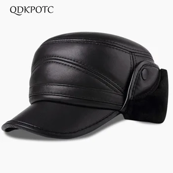 

QDKPOTC 2018 New Middle-aged old Ushanka men's winter thick warm outdoor earmuffs cotton hat old leather hats sheepskin cap
