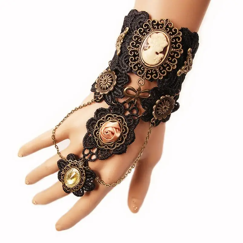 

New Arrival Black Lace with Nice Metal Parts Gothic Steampunk Lace Finger Connect Bracelet